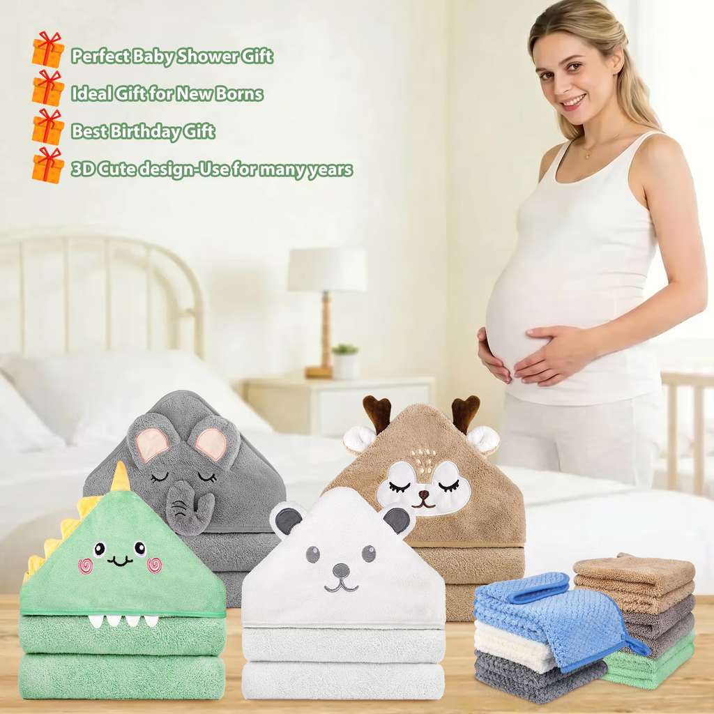 16 Pcs Baby Towels, 4 Pcs Soft Hooded Towels & 12 Pcs Washcloths, Baby Bath Towels for Newborns, Infants & Toddlers- Ultra Absorbent, Cute Towel Gift for Boys