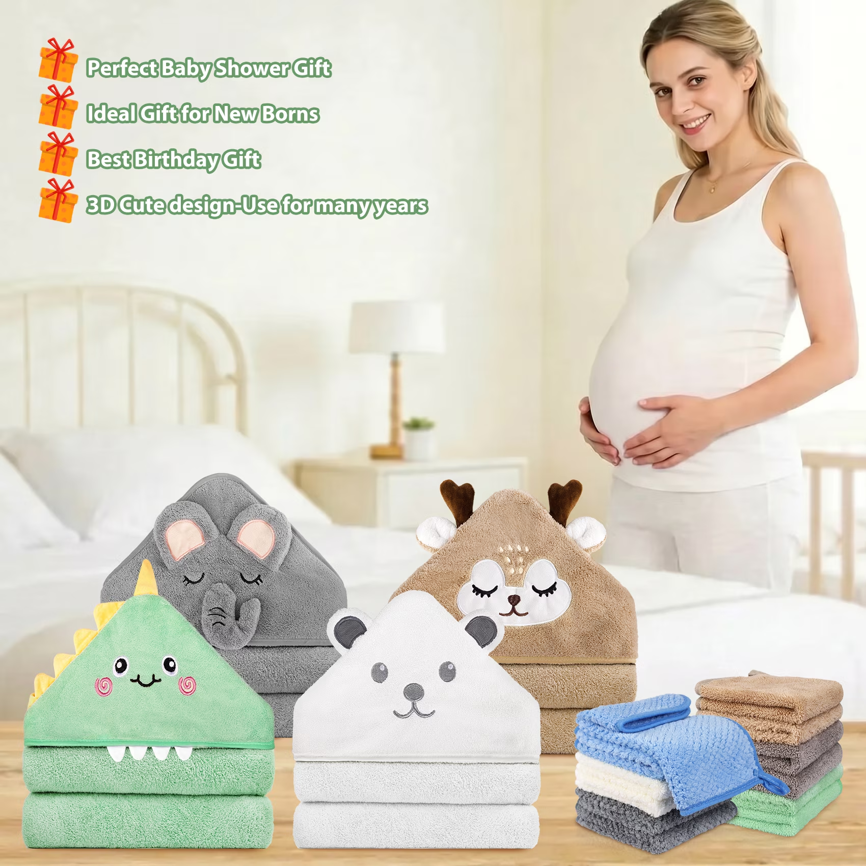 16 Pcs Baby Towels, 4 Pcs Soft Hooded Towels & 12 Pcs Washcloths, Baby Bath Towels for Newborns, Infants & Toddlers- Ultra Absorbent, Cute Towel Gift for Boys