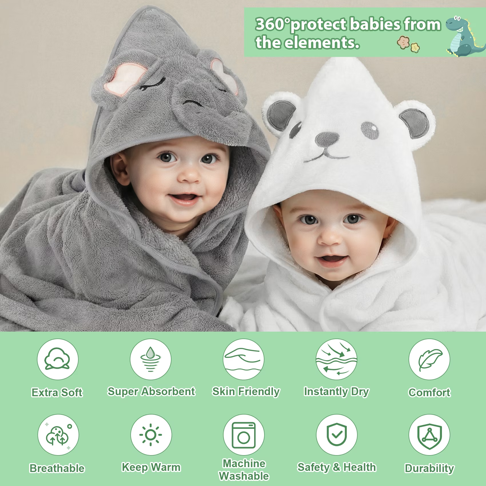 16 Pcs Baby Towels, 4 Pcs Soft Hooded Towels & 12 Pcs Washcloths, Baby Bath Towels for Newborns, Infants & Toddlers- Ultra Absorbent, Cute Towel Gift for Boys