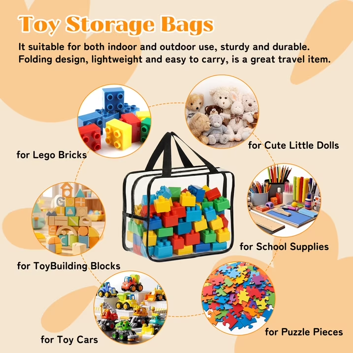 6 Pack Clear Toy Storage Bags with Zipper and Handle, Reusable Totes for Stuffed Storage, Portable Toy Organizer for Lego Bricks, Board Games, Building Blocks, Puzzles