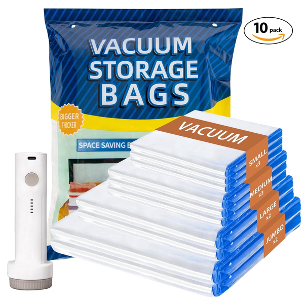 10 Pack Vacuum Storage Bags with Electric Pump, 80% Space Saver Vacuum Bags (2 Jumbo/2 Large/3 Medium/3 Small), Vacuum Seal Bags for Clothes, Comforters, Blankets, Bedding