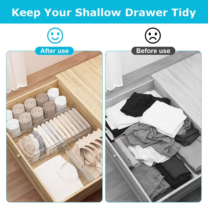 8 Pack Adjustable Drawer Dividers, 4" High Expandable from 10.2"-16.6" Plastic Separators for Kitchen, Bedroom, Closet and Office Storage Organizer
