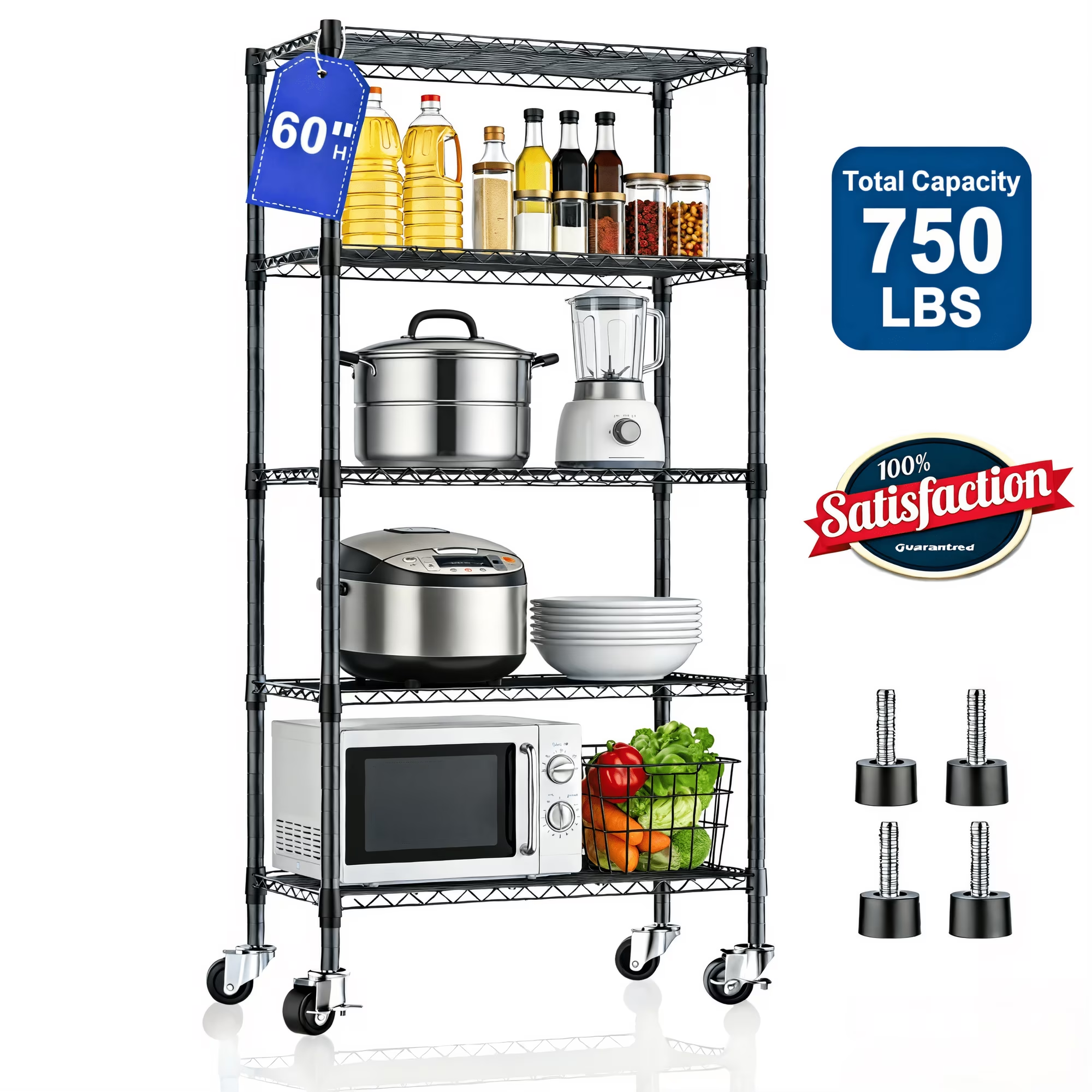 5-Tier Heavy Duty Steel Wire Shelving Unit Adjustable Storage Shelves Metal Shelving Organizer for Kitchen, Bathroom, Garage, 14"D x 30"W x 60"H Wire Rack, Black