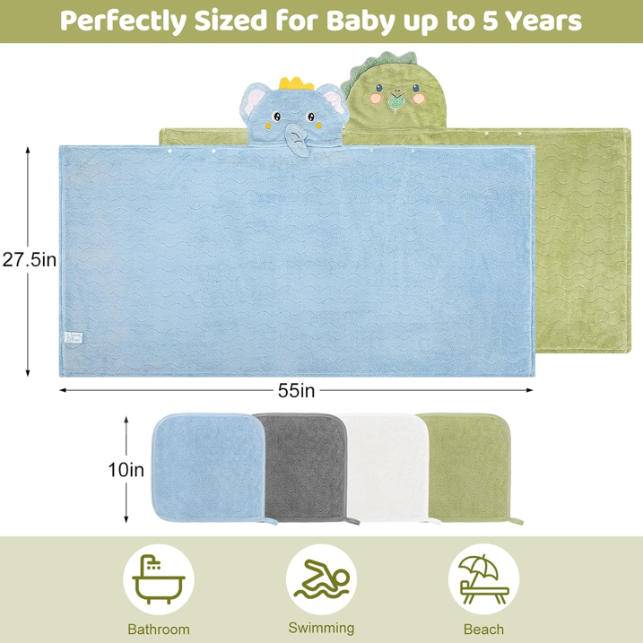 6 Pcs Toddler Bath Towel Set for Boy Girl 0-5 Year, 2 Thick Absorbent Hooded Baby Bath Towels Large 55" x 27.5" & 4 Washcloths, Gifts for Infant, Toddler, Kids, Dinosaur & Elephant