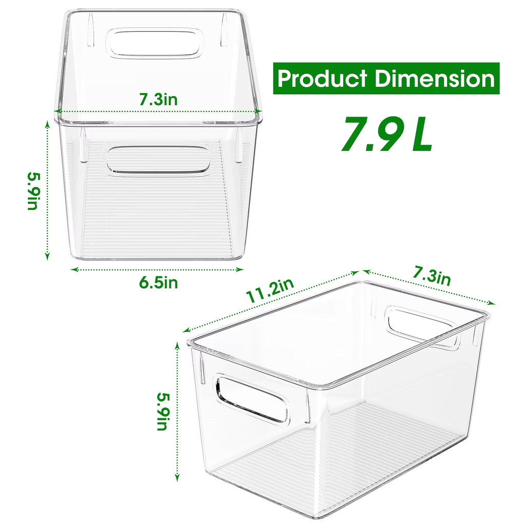 8 Pack Large Clear Plastic Storage Bins with Handles, Stackable Organizer Bins for Fridge, Pantry, Kitchen, Non-Slip Bottom Storage Containers