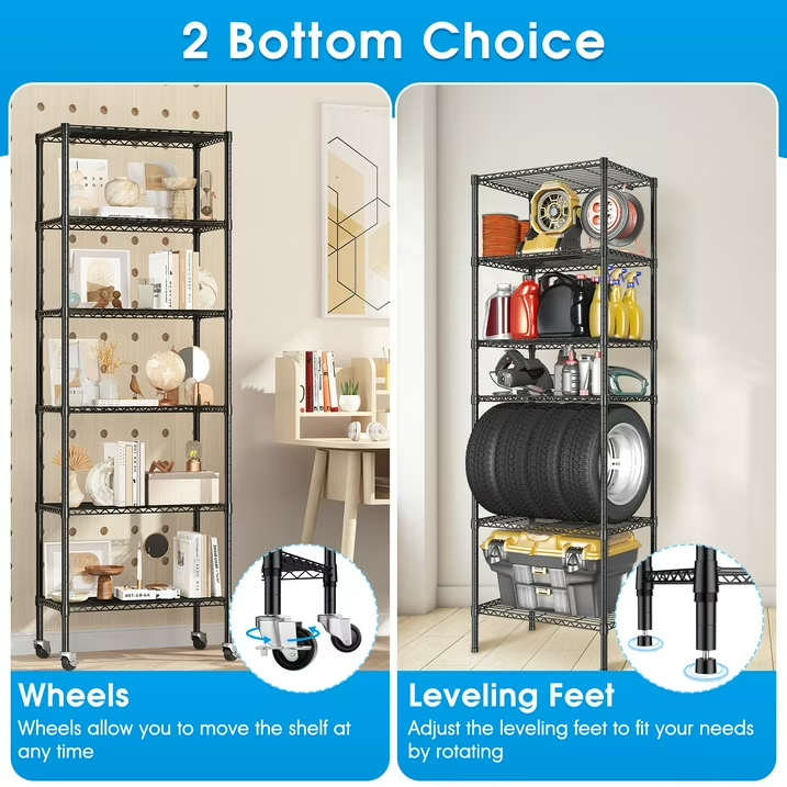 6-Shelf Adjustable Space-Saving Design Wire Shelving with Wheels, 750lbs Heavy Duty Metal Shelves, Powder-Coated Steel Storage Shelves for Storage, Garage Closet & Kitchen, Black