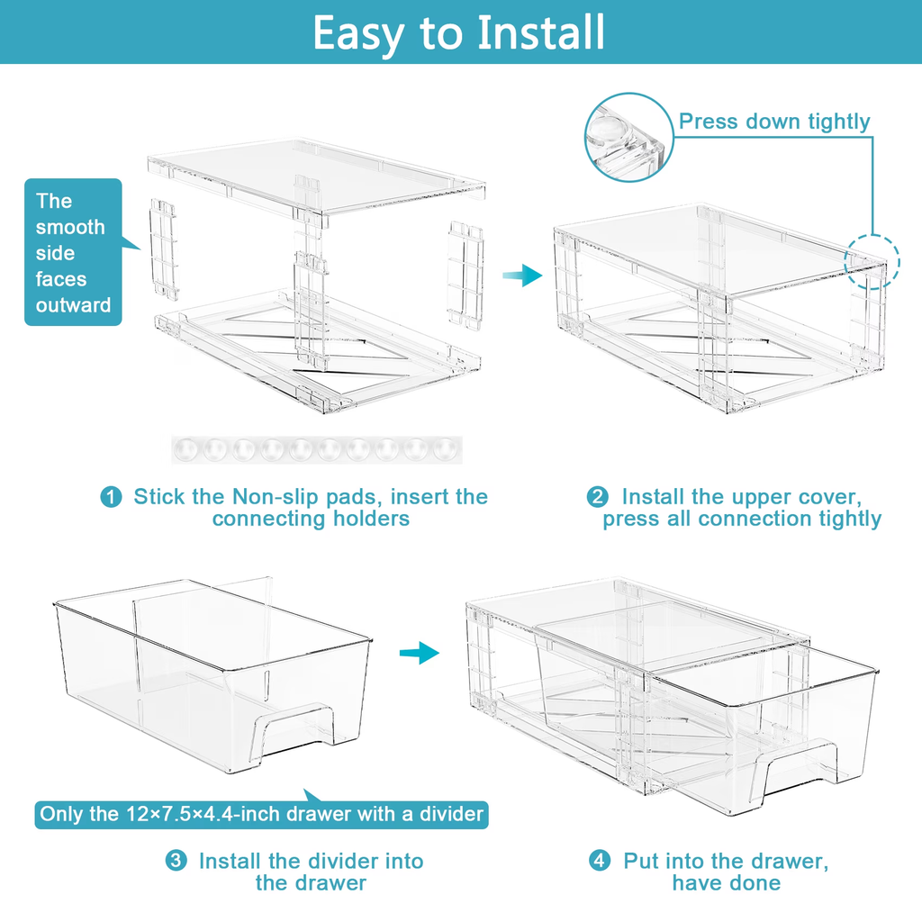 3 Pack Stackable Drawers Storage , Clear Organizer Bins Transparent Storage Containers, Makeup Bathroom Kitchen Countertop Cabinet Under-Sink Organization