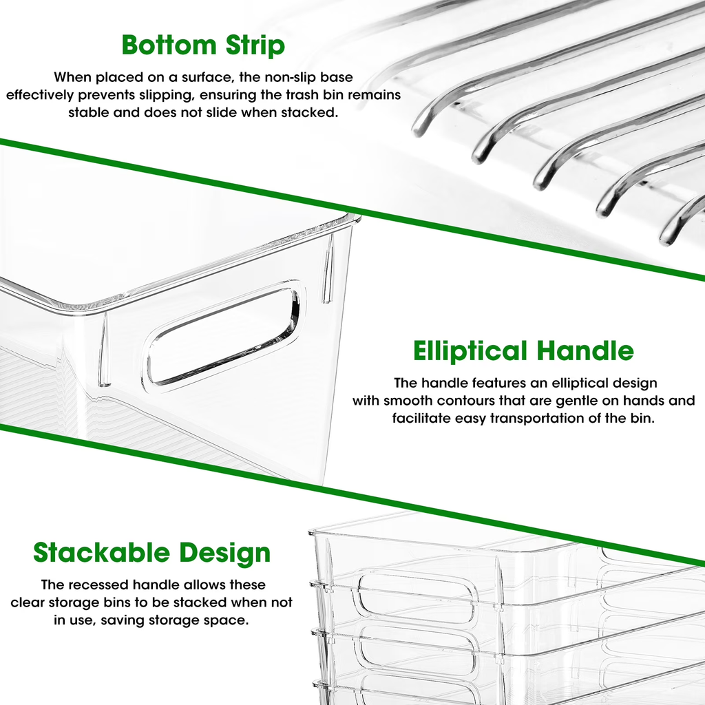 8 Pack Clear Plastic Storage Bins with Handles, 4 Large & 4 Small Stackable Organizer Bins for Fridge, Pantry, Kitchen, Non-Slip Bottom