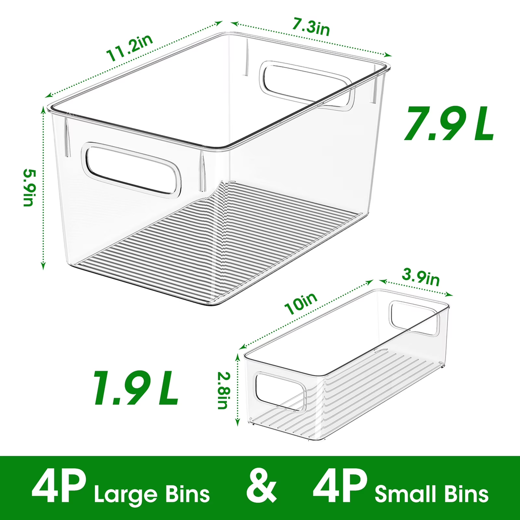 8 Pack Clear Plastic Storage Bins with Handles, 4 Large & 4 Small Stackable Organizer Bins for Fridge, Pantry, Kitchen, Non-Slip Bottom