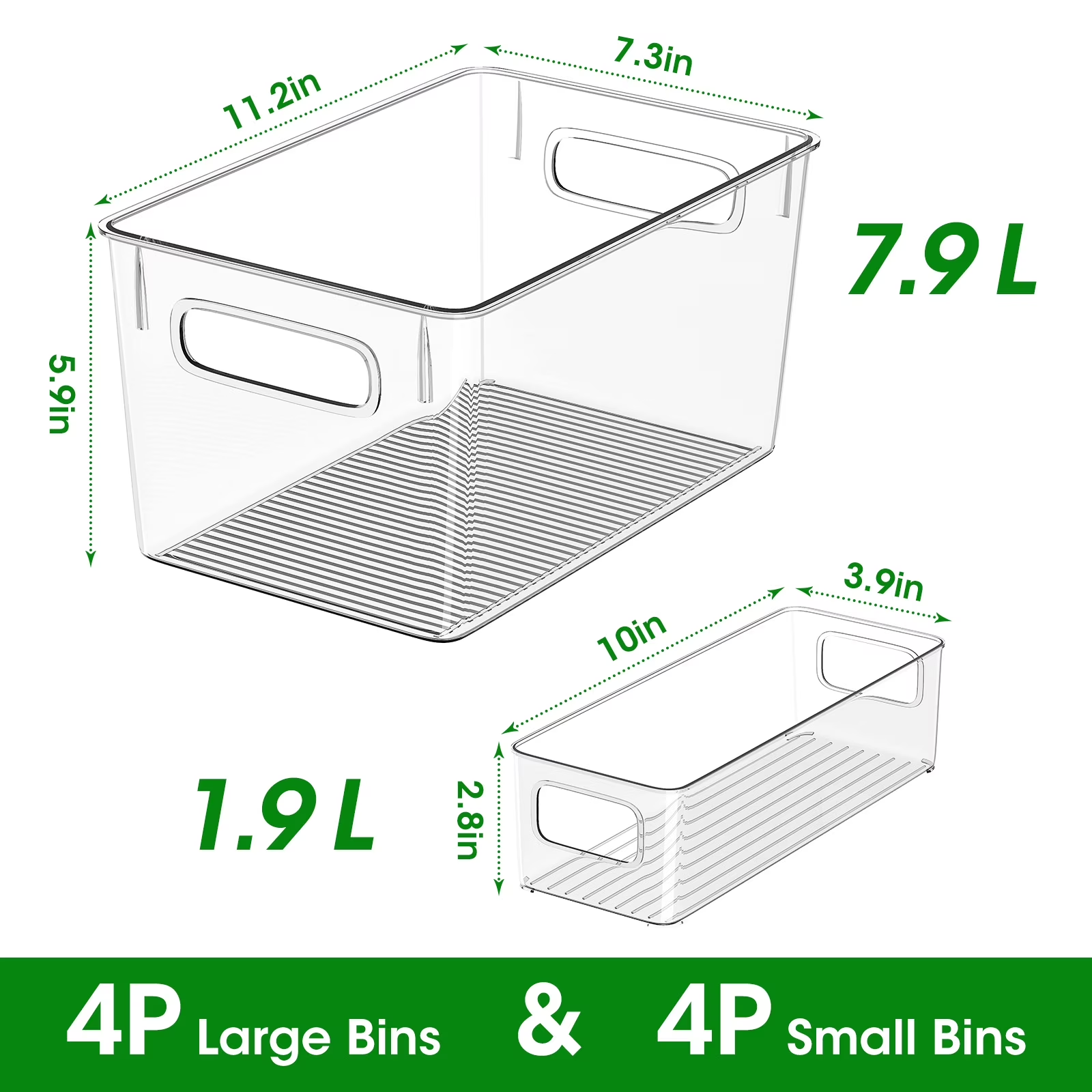 8 Pack Clear Plastic Storage Bins with Handles, 4 Large & 4 Small Stackable Organizer Bins for Fridge, Pantry, Kitchen, Non-Slip Bottom