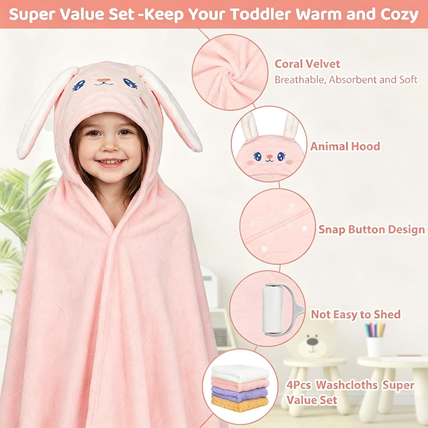 6 Pcs Toddler Bath Towels Set for Boy Girl 0-5 Year, 2P Thick Absorbent Hooded Baby Bath Towels Large 55" x 27.5" & 4P Washcloths, Ultra Soft Gifts for Infant Toddler Kids, Rabbit & Elephant