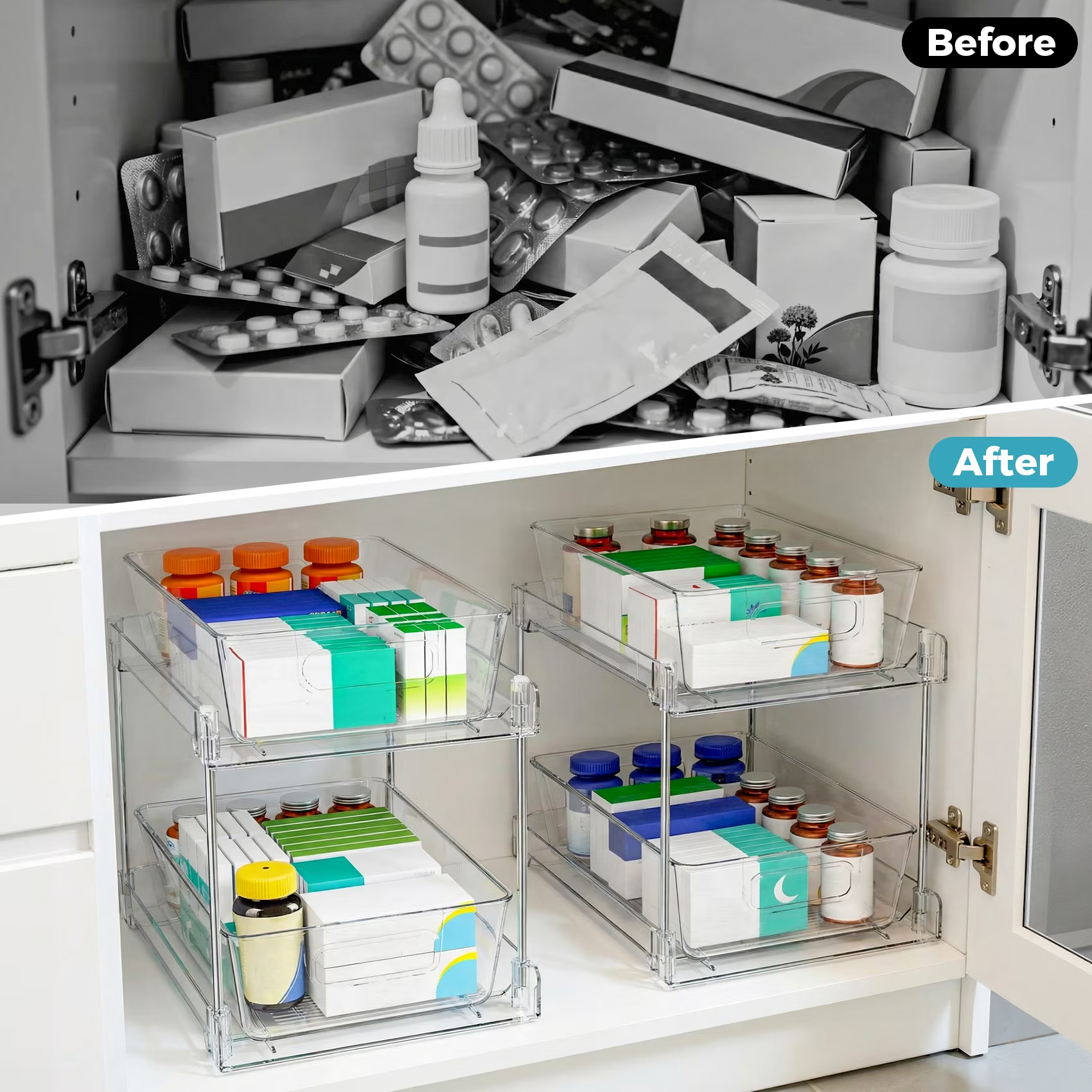 4 Pack Clear Pull Out Under Sink Organizer and Storage Bins, 2-Tier Sliding Cabinet Drawer Container for Kitchen, Bathroom and Pantry Organization