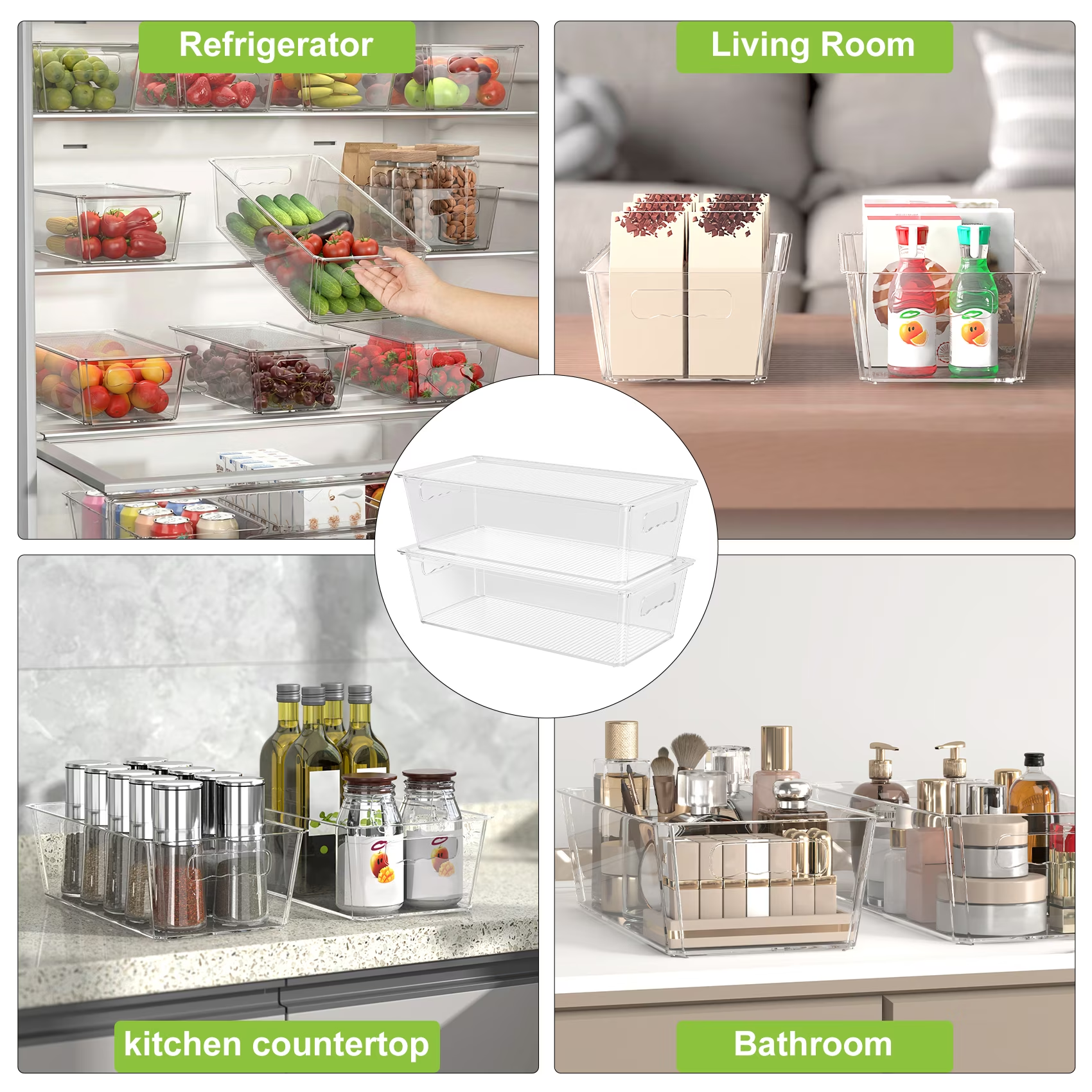 6 Pack Large Clear Plastic Storage Bins with Handles, Stackable Multi-Purpose Organizer for Pantry, Kitchen, Refrigerator and Closet Organization