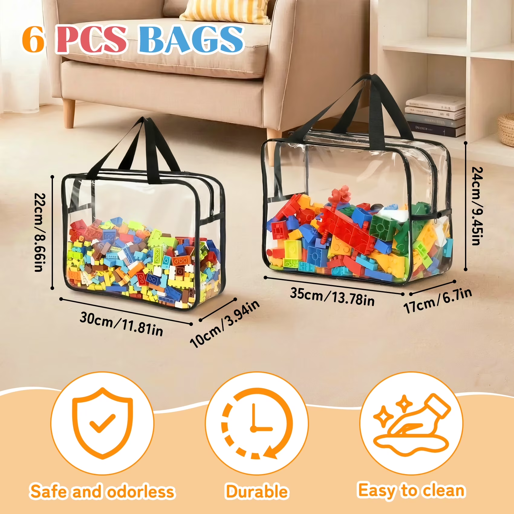 6 Pack Clear Toy Storage Bags with Zipper and Handle, Reusable Totes for Stuffed Storage, Portable Toy Organizer for Lego Bricks, Board Games, Building Blocks, Puzzles
