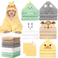 15 Pcs Baby Bath Towels Set for Infants Toddlers, 5P Animal Hooded Baby Towels & 10P Washcloths Set, Ultra Absorbent Cute Soft Newborn Bath Essentials Gifts for Boys & Girls