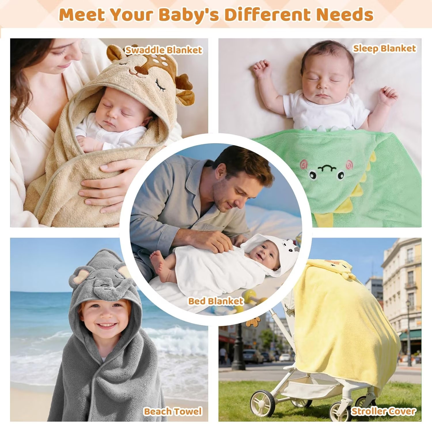 15 Pcs Baby Bath Towels Set for Infants Toddlers, 5P Animal Hooded Baby Towels & 10P Washcloths Set, Ultra Absorbent Cute Soft Newborn Bath Essentials Gifts for Boys & Girls