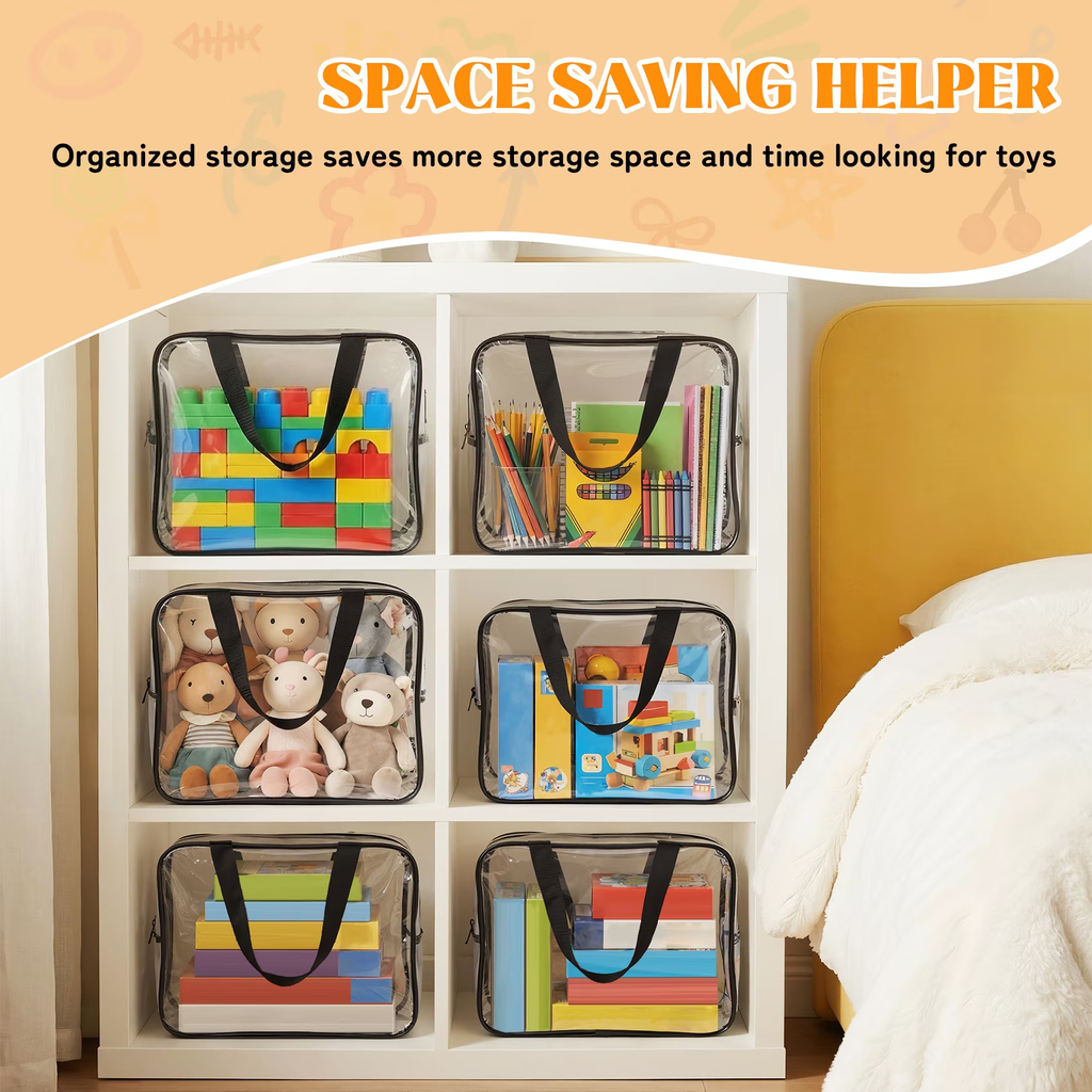 6 Pack Clear Toy Storage Bags with Zipper and Handle, Reusable Totes for Stuffed Storage, Portable Toy Organizer for Lego Bricks, Board Games, Building Blocks, Puzzles