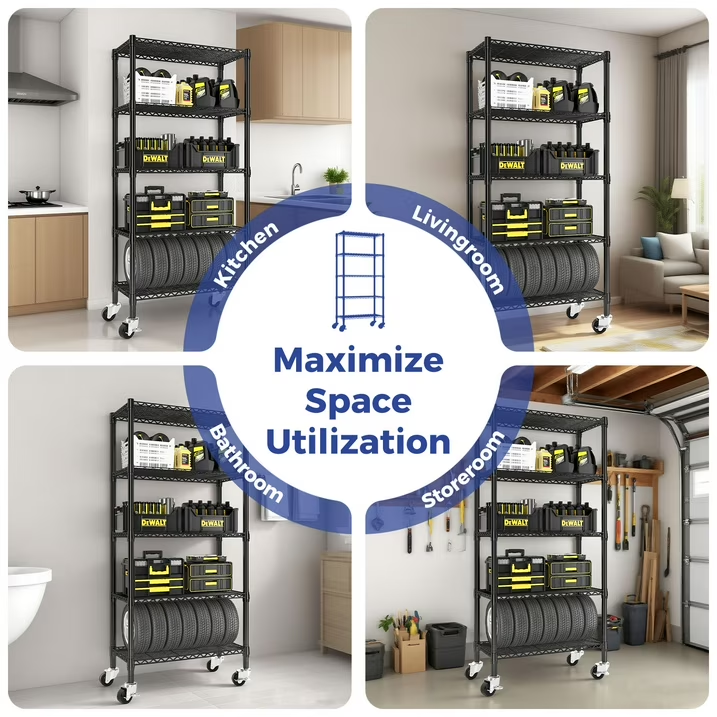 5-Tier Heavy Duty Steel Wire Shelving Unit Adjustable Storage Shelves Metal Shelving Organizer for Kitchen, Bathroom, Garage, 14"D x 30"W x 60"H Wire Rack, Black