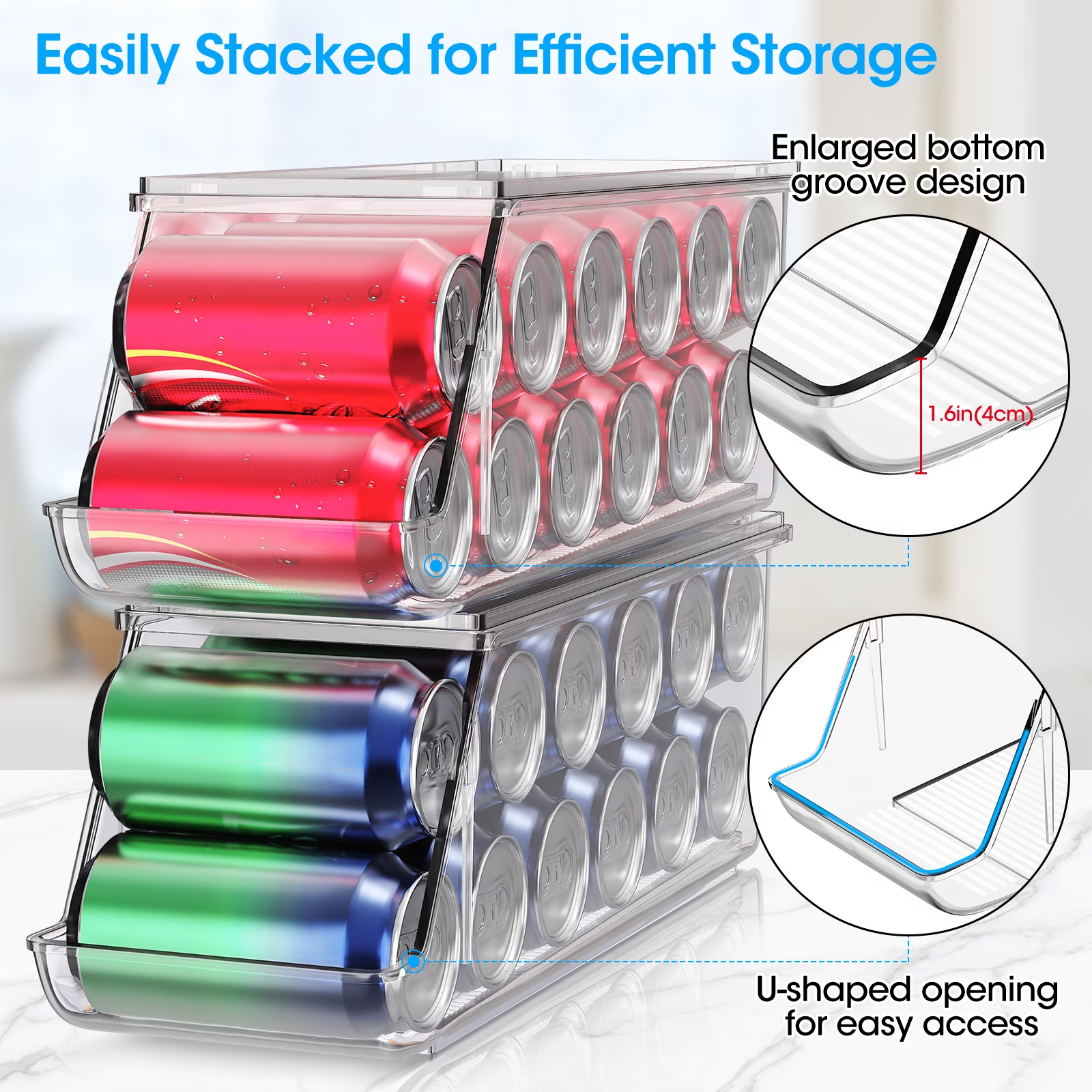 4 Pack Soda Can Organizer, Clear Refrigerator Organizer with Lids, Stackable Organizers for Pantry, Freezer, Kitchen – Holds 48 Cans