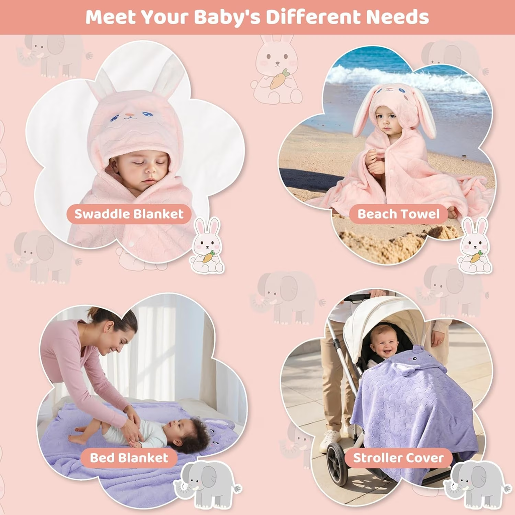 6 Pcs Toddler Bath Towels Set for Boy Girl 0-5 Year, 2P Thick Absorbent Hooded Baby Bath Towels Large 55" x 27.5" & 4P Washcloths, Ultra Soft Gifts for Infant Toddler Kids, Rabbit & Elephant