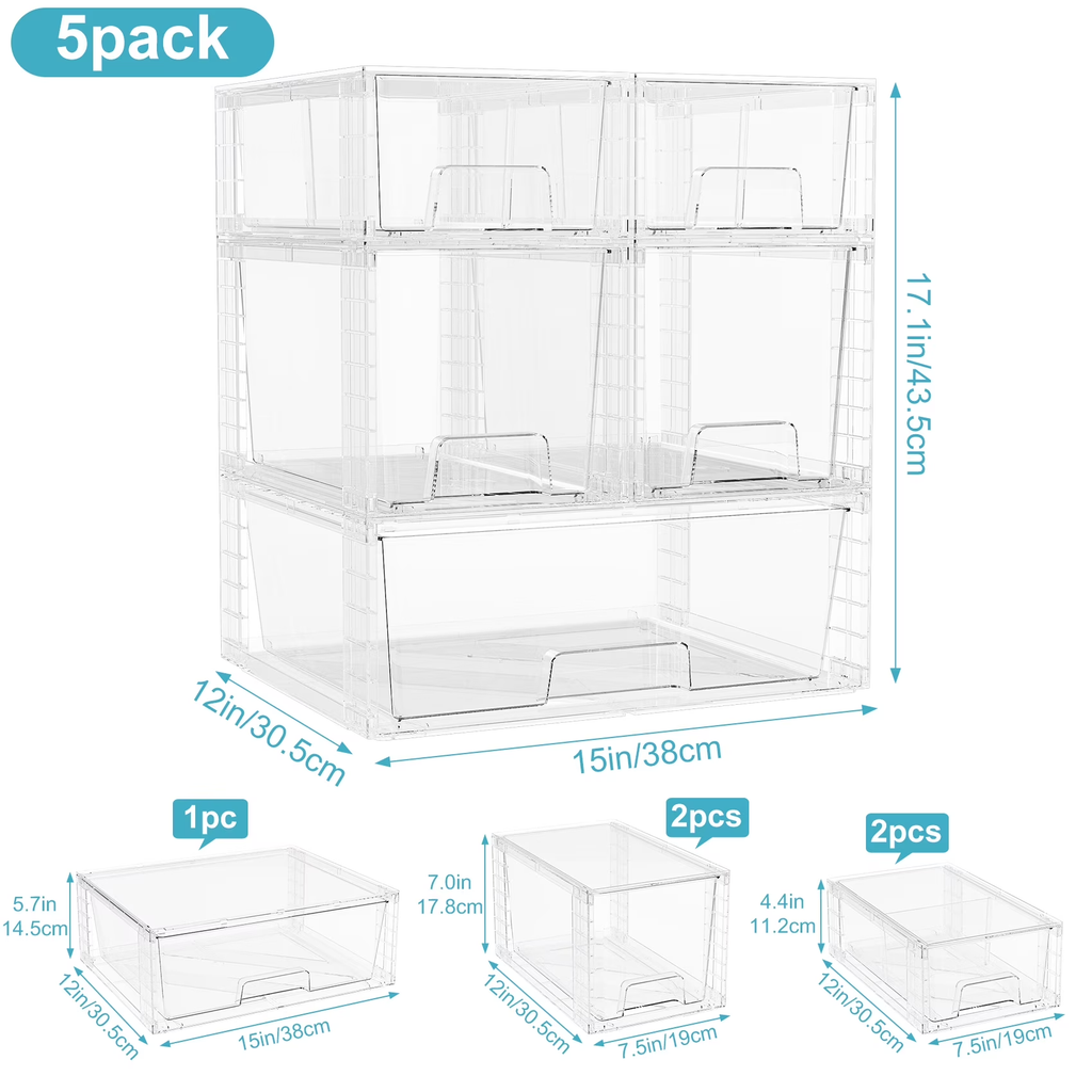 5 Pack Stackable Drawers Storage, Clear Organizer Bins Transparent Storage Containers, Bathroom Kitchen Makeup Countertop Cabinet Under-Sink Organization