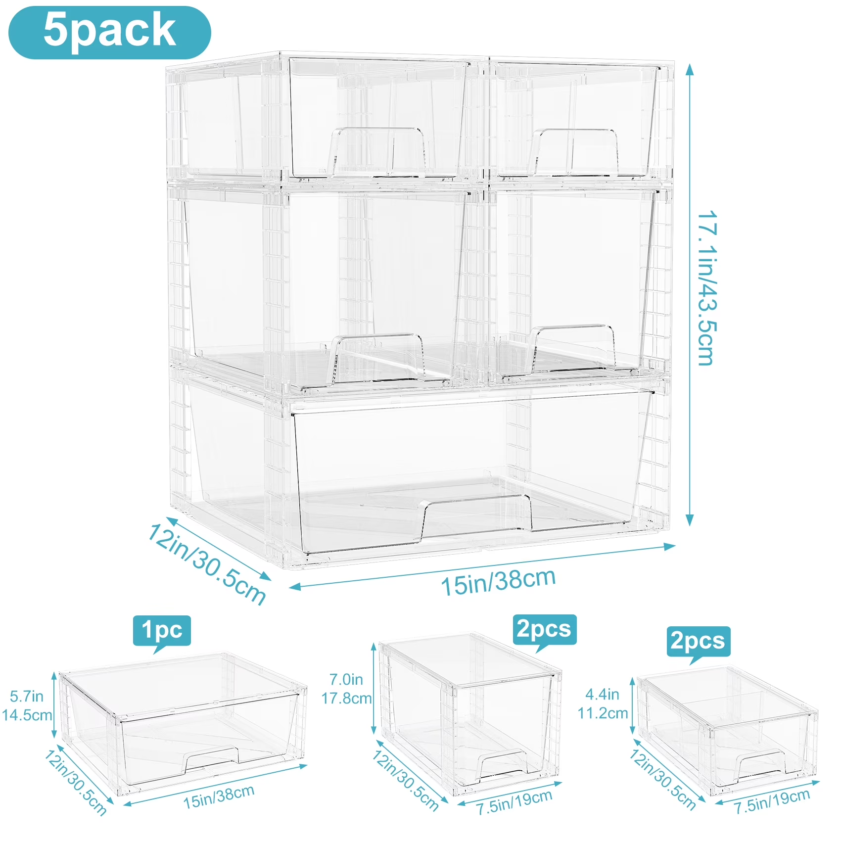 5 Pack Stackable Drawers Storage, Clear Organizer Bins Transparent Storage Containers, Bathroom Kitchen Makeup Countertop Cabinet Under-Sink Organization