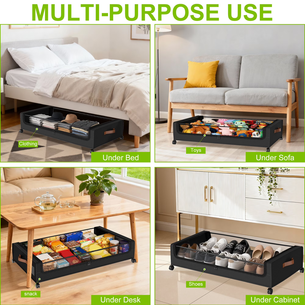 2 Pack Large Capacity Under Bed Storage with Wheels, Collapsible Container with Clear Lid & Label, Storage for Clothes, Shoes, Toys & Bedding