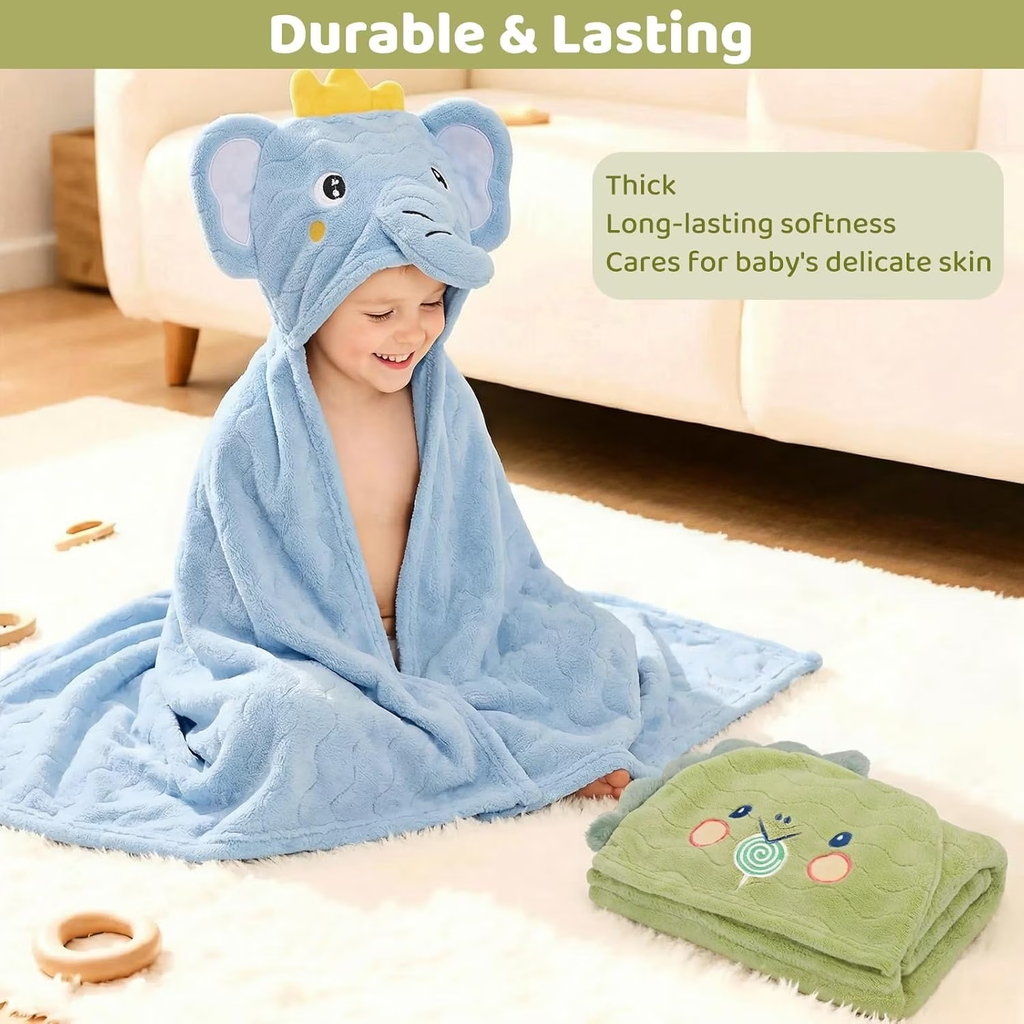 6 Pcs Toddler Bath Towel Set for Boy Girl 0-5 Year, 2 Thick Absorbent Hooded Baby Bath Towels Large 55" x 27.5" & 4 Washcloths, Gifts for Infant, Toddler, Kids, Dinosaur & Elephant