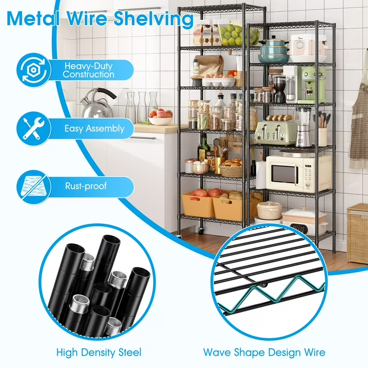 6-Shelf Adjustable Space-Saving Design Wire Shelving with Wheels, 750lbs Heavy Duty Metal Shelves, Powder-Coated Steel Storage Shelves for Storage, Garage Closet & Kitchen, Black
