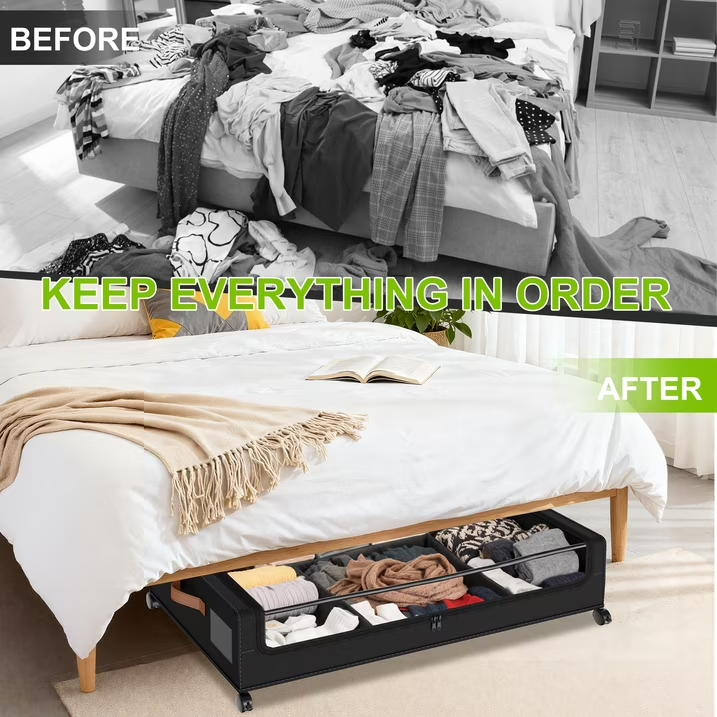 2 Pack Large Capacity Under Bed Storage with Wheels, Collapsible Container with Clear Lid & Label, Storage for Clothes, Shoes, Toys & Bedding