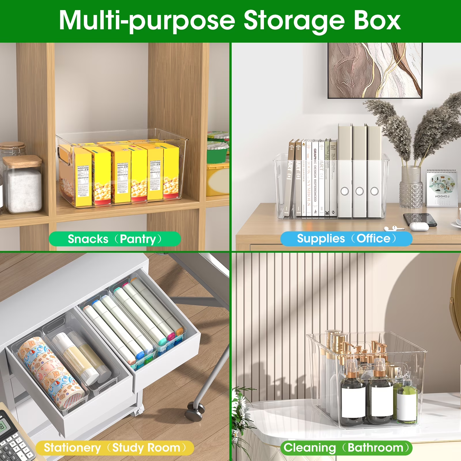 8 Pack Clear Plastic Storage Bins with Handles, 4 Large & 4 Small Stackable Organizer Bins for Fridge, Pantry, Kitchen, Non-Slip Bottom