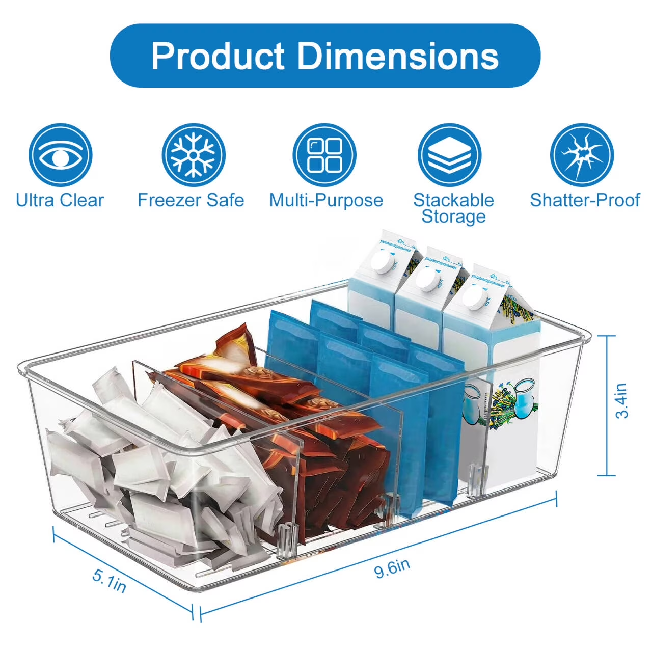 4 Pack Clear Plastic 4-Compartment Food Storage Bins, Pantry Organizer for Snacks, Fruits, Vegetables, Tea Bags and Spice Packets