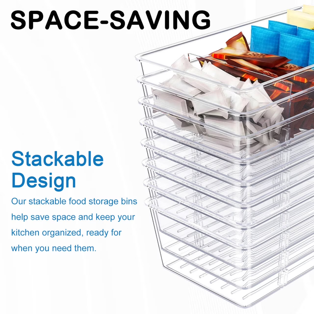 8 Pack Clear Plastic 4-Compartment Food Storage Bins, Pantry Organizer for Snacks, Fruits, Vegetables, Tea Bags and Spice Packets