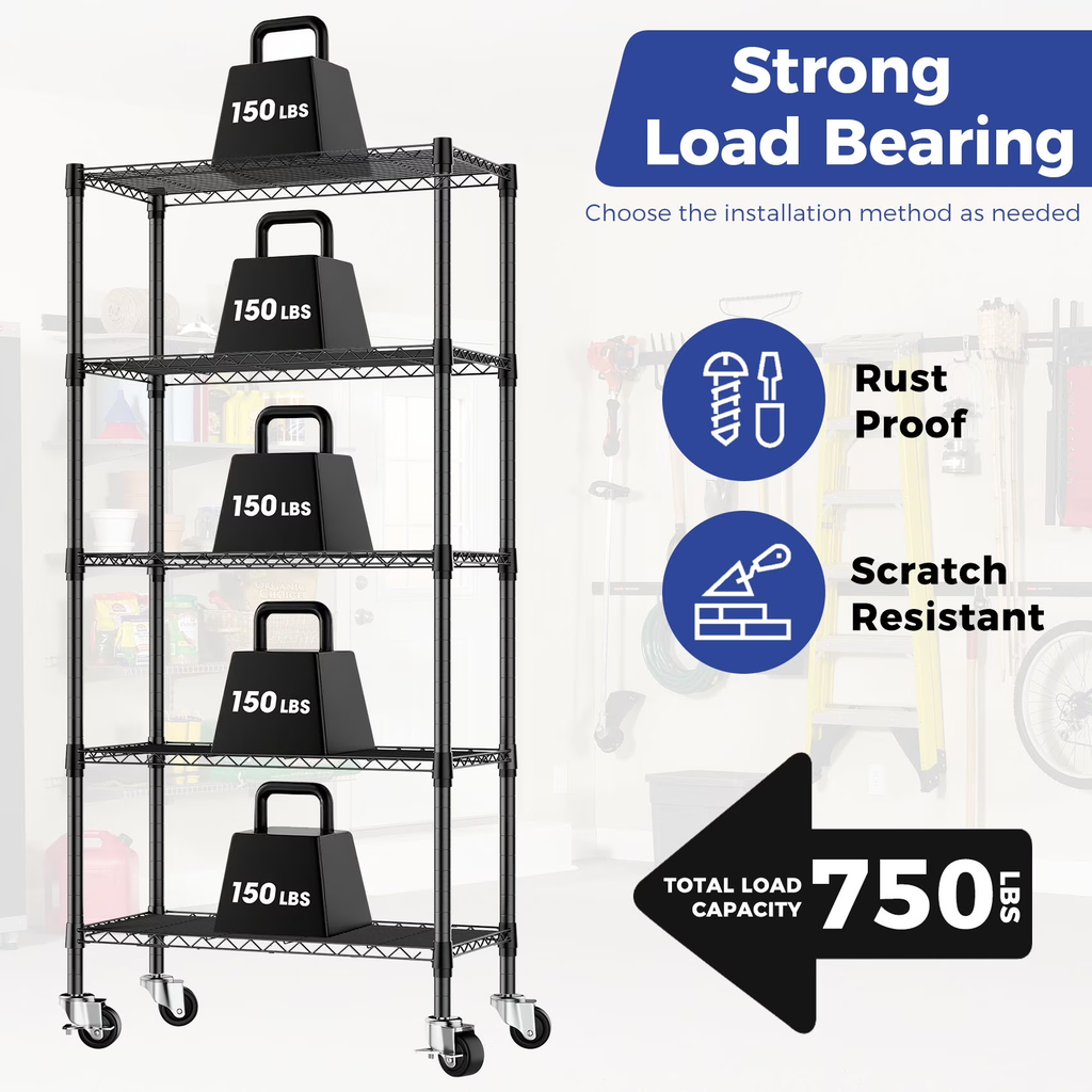2 pack 5-Tier Adjustable Storage Shelves Metal Shelving Heavy Duty Steel Wire Rack Organizer for Kitchen, Bathroom, Garage, 14"D x 30"W x 60"H Wire Shelving Unit, Black