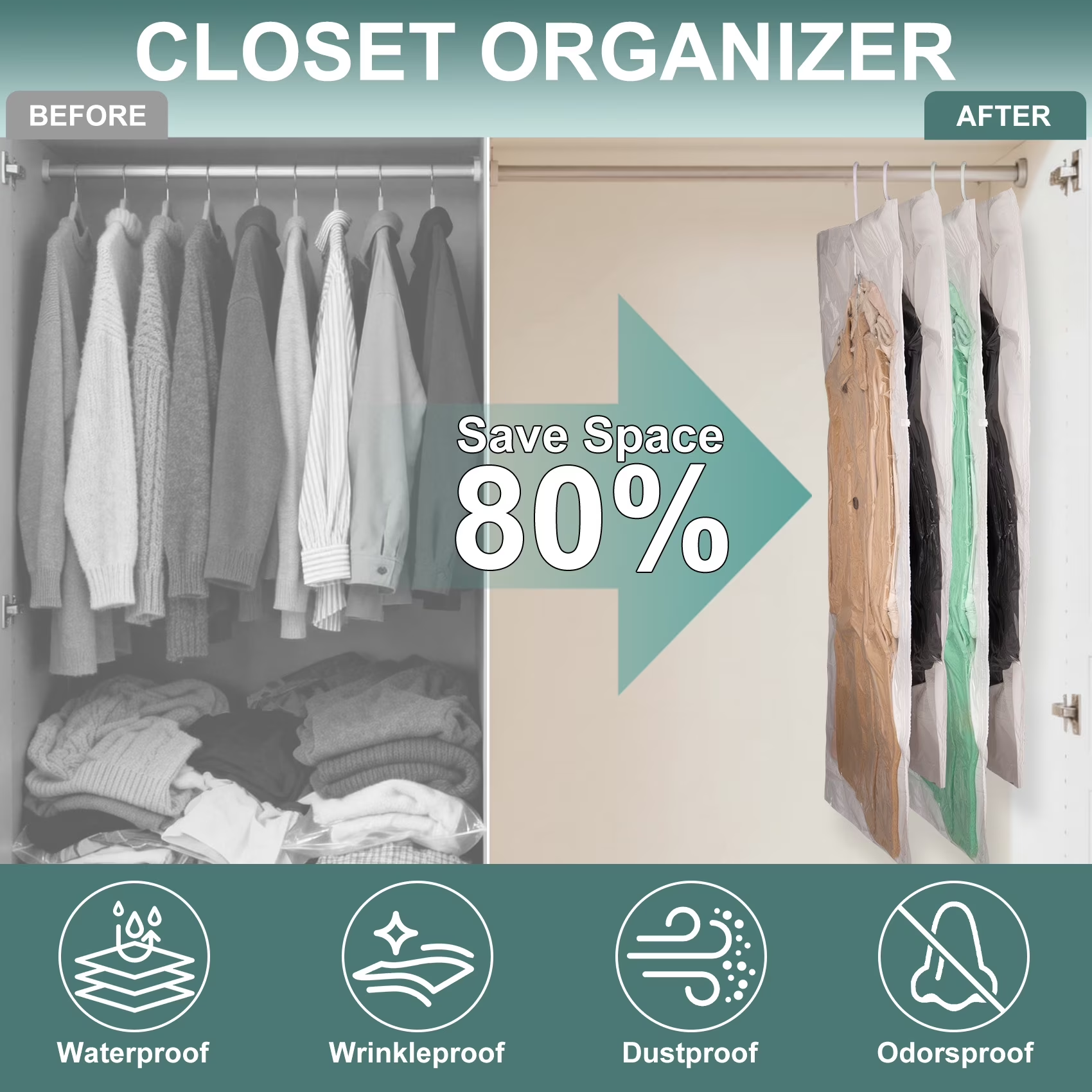 Hanging Vacuum Storage Bag with Electric Pump, 6PCS (3 Jumbo/3 Large) Space Saver Bags Closet Organizer, Vacuum Garment Bags for Hanging Clothes to Reduce Wrinkles for Suits, Jackets and Bedding