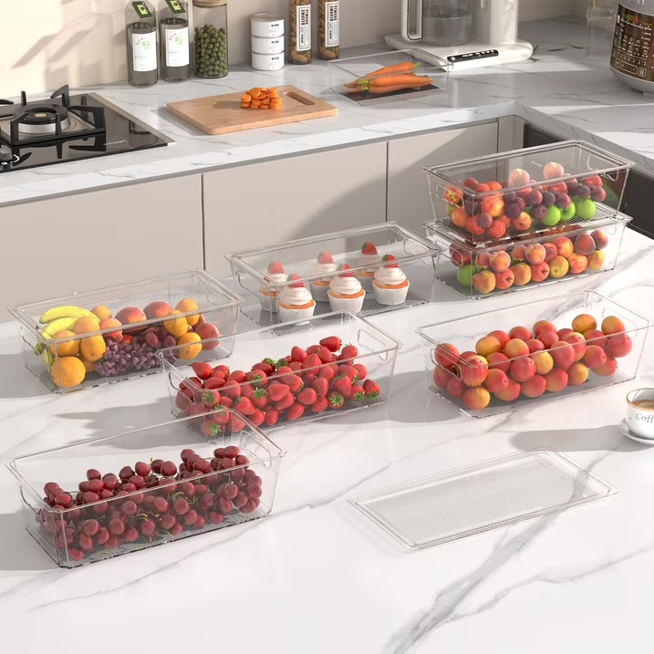 8 Pack Large Clear Plastic Storage Bins with Handles, Stackable Multi-Purpose Organizer for Pantry, Kitchen, Refrigerator and Closet Organization
